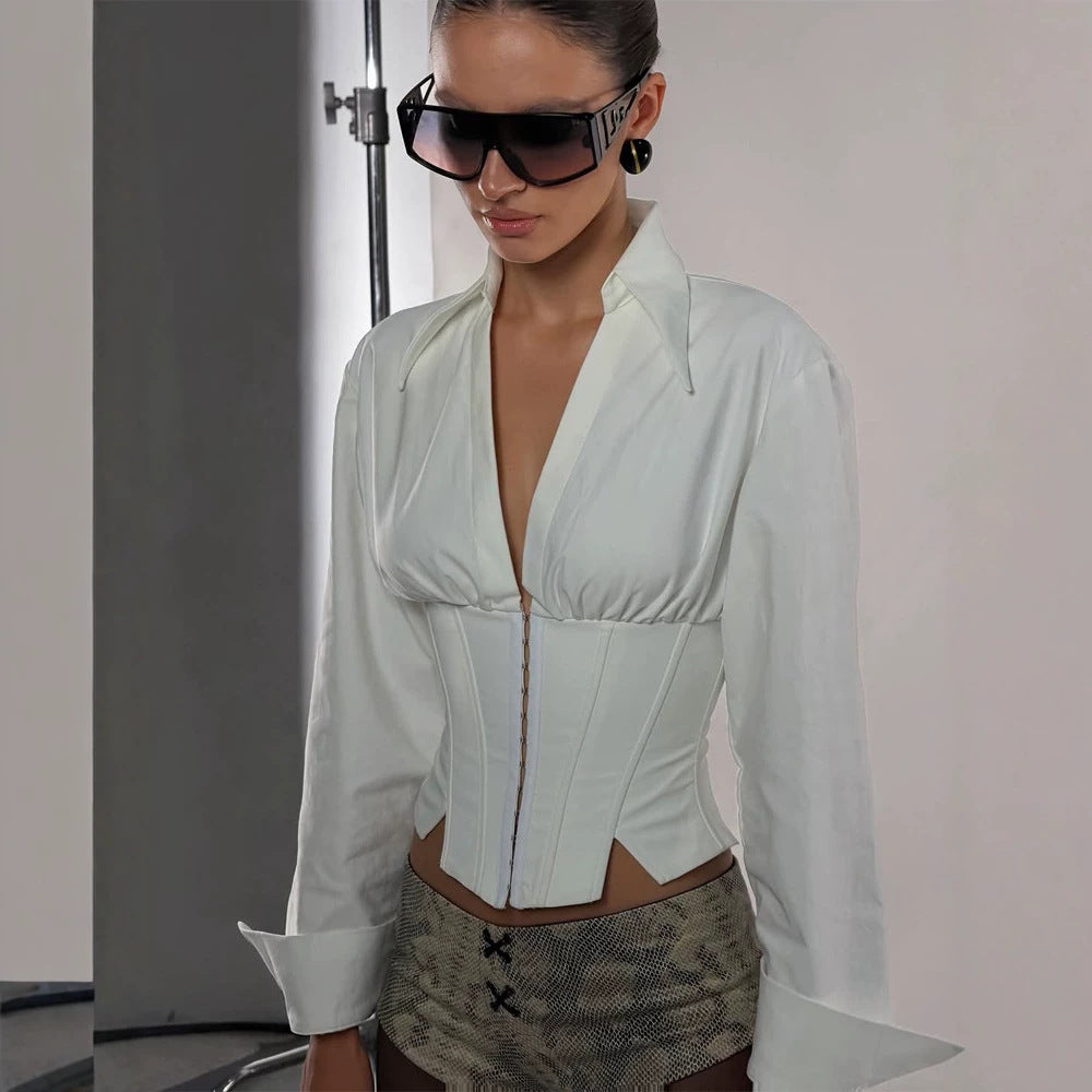 Women Tailored Corset Bustier with Integrated Blouse and Front Closure Mune Fashion