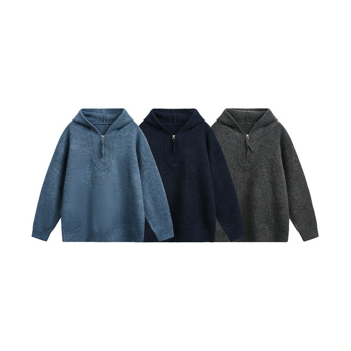 Women's Oversized Knit Sweater with Half Zipper and Hooded Collar Mune Fashion