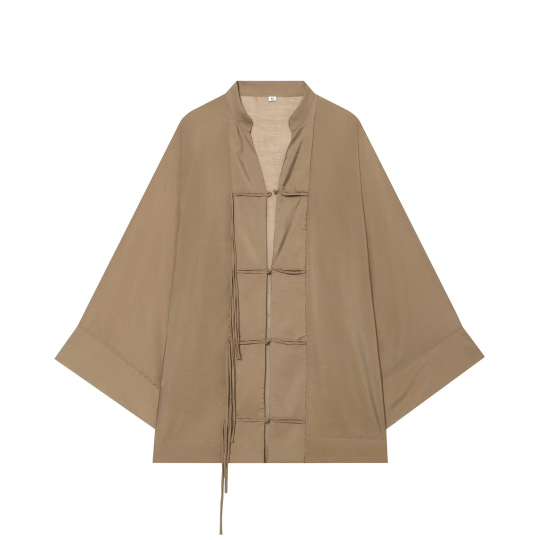 Women Oversize Kimono Jacket with Decorative Knot and Long Fringed Ribbons Mune Fashion