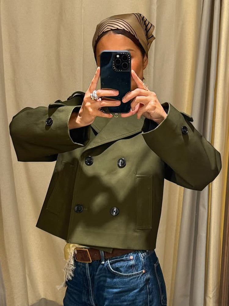Women's Cropped Double-Breasted Trench Coat with Boxy Silhouette and Patch Pockets Mune Fashion