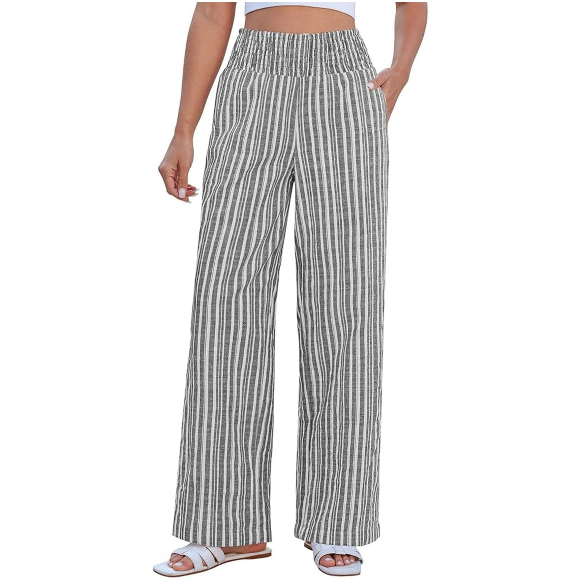 Women Lightweight Linen Look Palazzo Pants with High Smocked Waistband and Side Pockets Mune Fashion