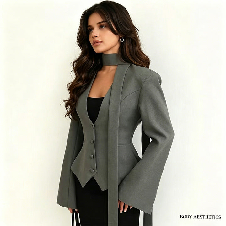 Women Elegant fitted blazer set with vest and bow Mune Fashion