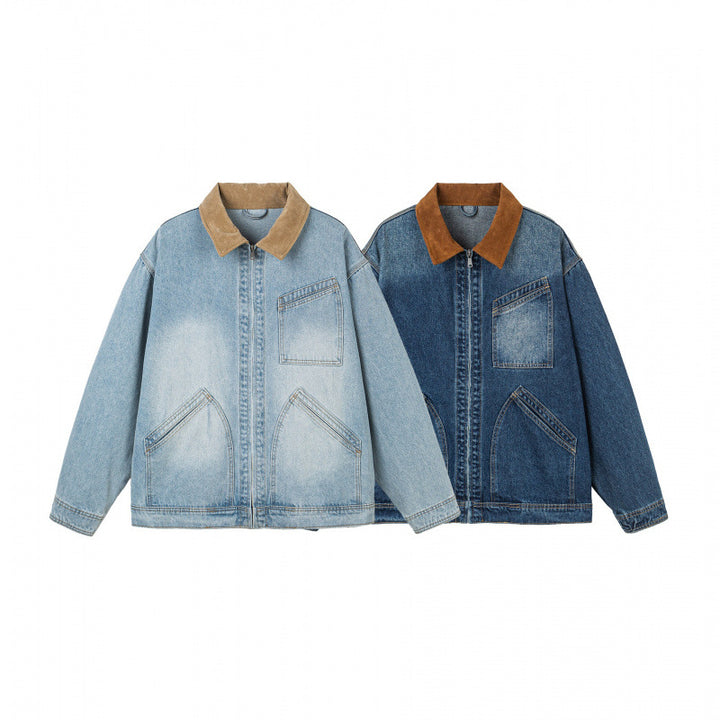 Men's Oversized Denim Jacket with Cord Collar and Diagonal Chest Pocket Detail Mune Fashion
