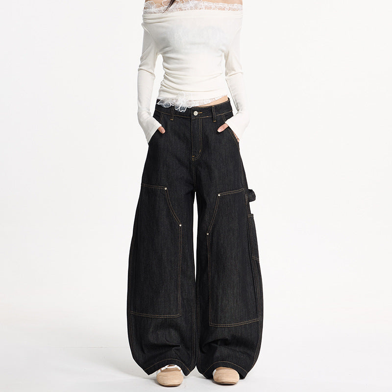 Women's Extra Wide Denim Palazzo Pants in Cargo Style with Low Crotch, Contrast Stitching and Utility Details Mune Fashion