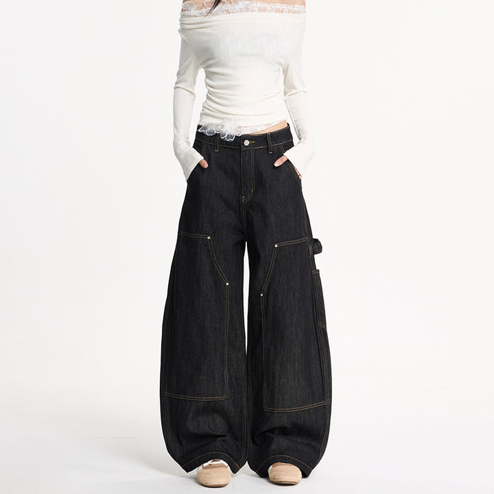 Women's Extra Wide Denim Palazzo Pants in Cargo Style with Low Crotch, Contrast Stitching and Utility Details Mune Fashion