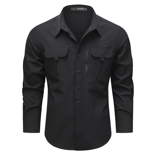 Men's  technical long-sleeve utility shirt with dual flap chest pockets and concealed zip utility pocket Mune Fashion