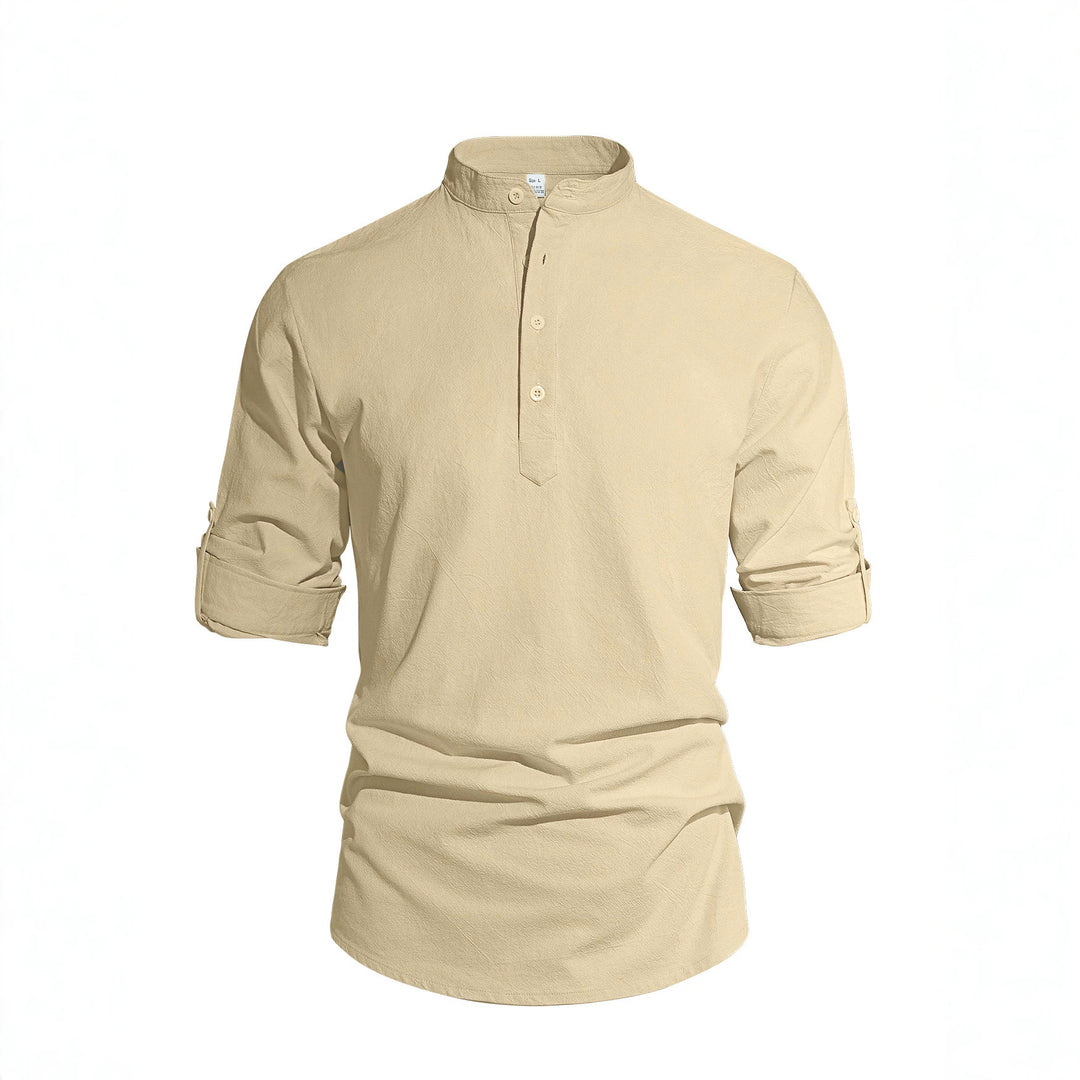 Men's lightweight half-button shirt made of linen blend with stand-up collar and roll-up sleeves Mune Fashion