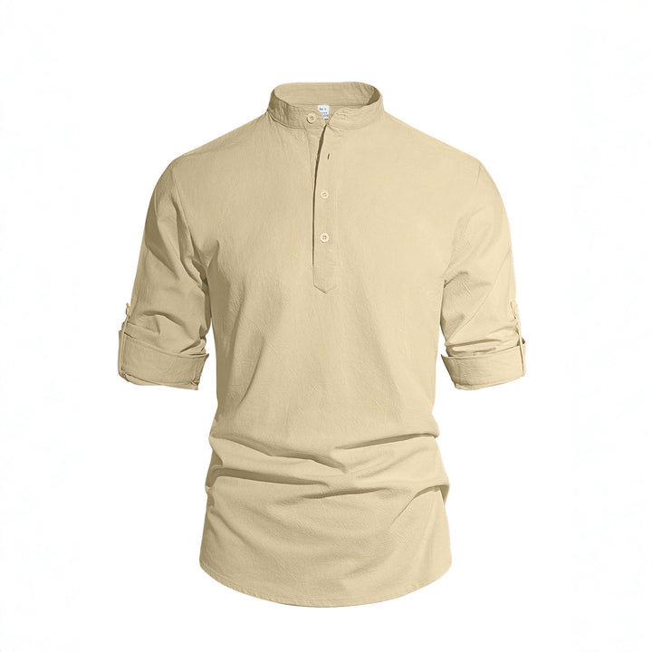 Men's lightweight half-button shirt made of linen blend with stand-up collar and roll-up sleeves Mune Fashion
