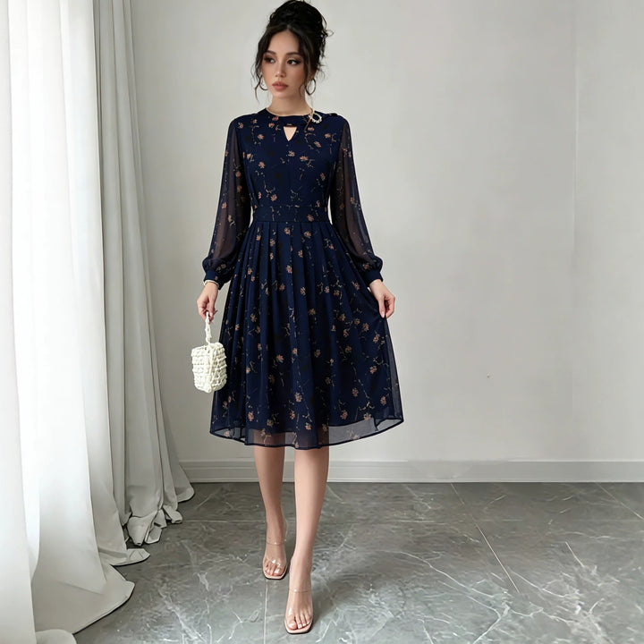 Women Chiffon Midi Dress with Pleated Skirt, Transparent Sleeves and Decorative Brooch Mune Fashion