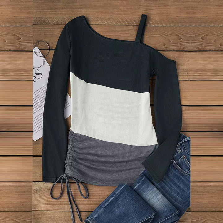 Women Asymmetric One-Shoulder Long Sleeve with Draping and Drawstring Mune Fashion