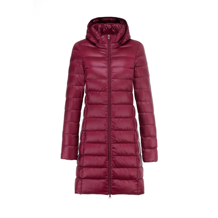 Women Long Cut Ultra-Light Thermal Parka with Contoured Silhouette and Hood Mune Fashion