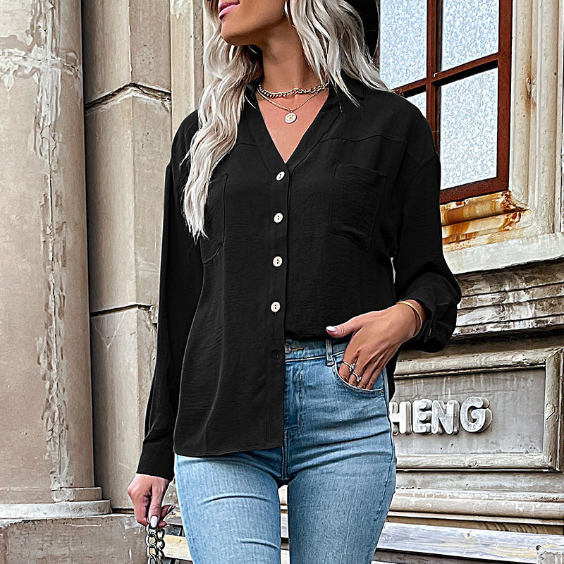 Women's Oversize Crinkle Shirt Blouse with V-Neck, Visible Button Placket and Chest Pocket Mune Fashion