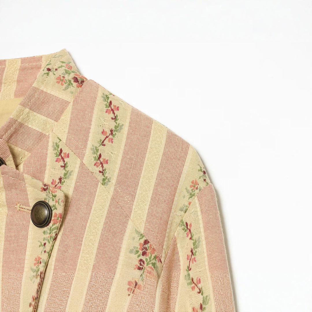 Women Striped Short Jacket in Vintage Look with Stand-Up Collar and Asymmetrical Button Placket Drune