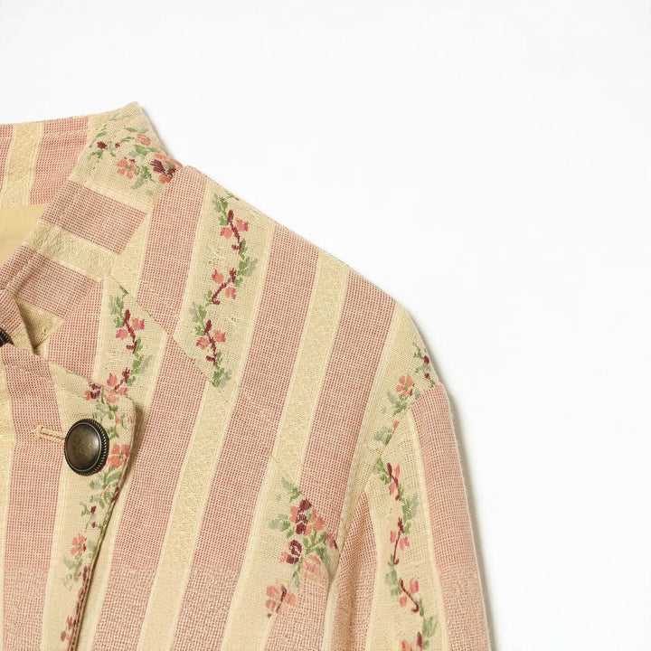Women Striped Short Jacket in Vintage Look with Stand-Up Collar and Asymmetrical Button Placket Drune