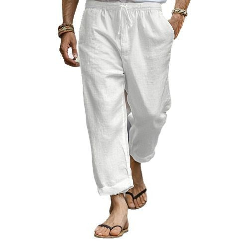 Men's casual linen jogger pants with elastic drawstring waistband, side pockets, and rollable hem Mune Fashion