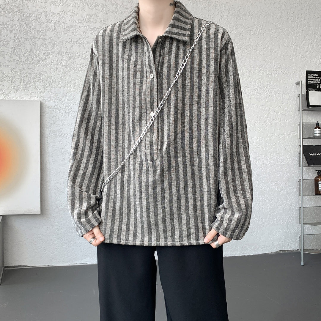 Men's Oversize Long Sleeve Shirt with Polo Collar, Striped Texture & Half Button Placket Mune Fashion