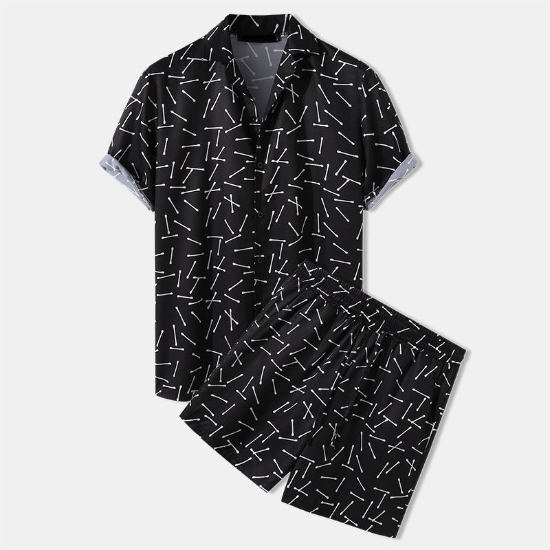 Men's airy viscose blend short-sleeve shirt with open button placket and matching casual shorts with drawstring Mune Fashion
