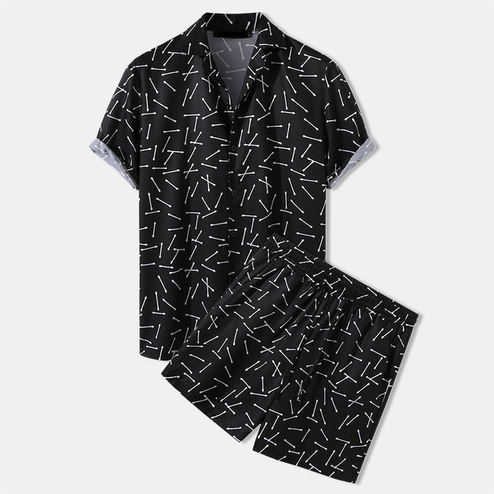 Men's airy viscose blend short-sleeve shirt with open button placket and matching casual shorts with drawstring Mune Fashion