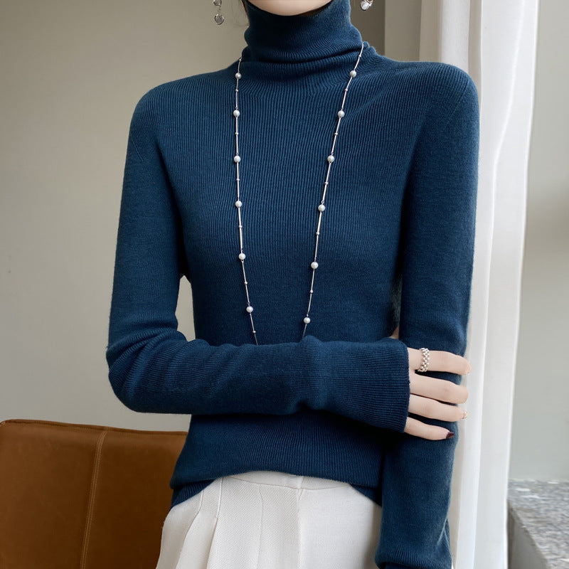 Women Slim Turtleneck Fine Knit Sweater with Elastic Rib Structure and Minimalist Silhouette Mune Fashion