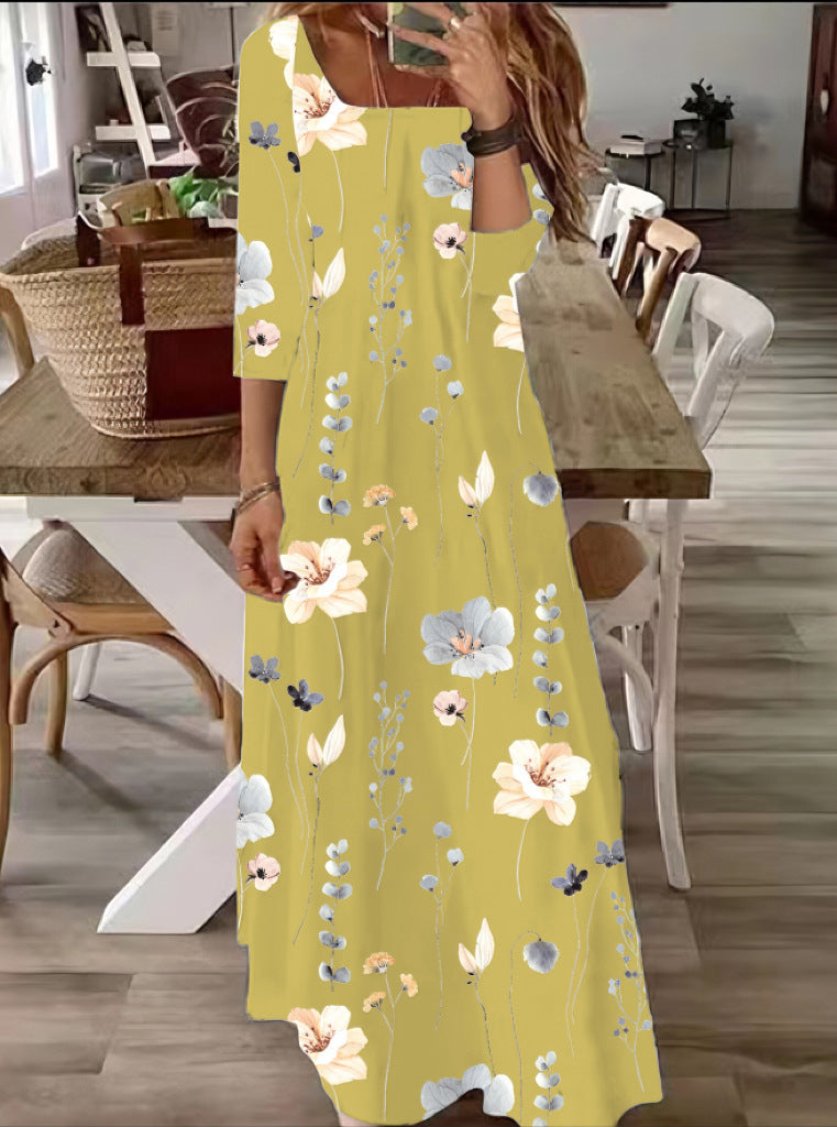 Women's Flowing Maxi Dress with Three-Quarter Sleeves, Boat Neck and Floral Allover Print Mune Fashion