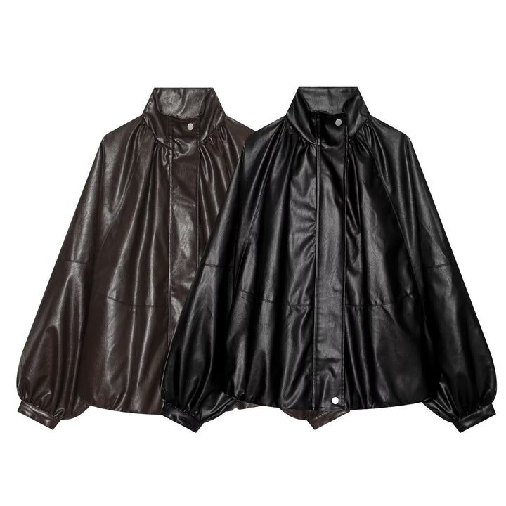 Women Oversized Leather-Like Cape with Stand Collar and Balloon Sleeves Mune Fashion