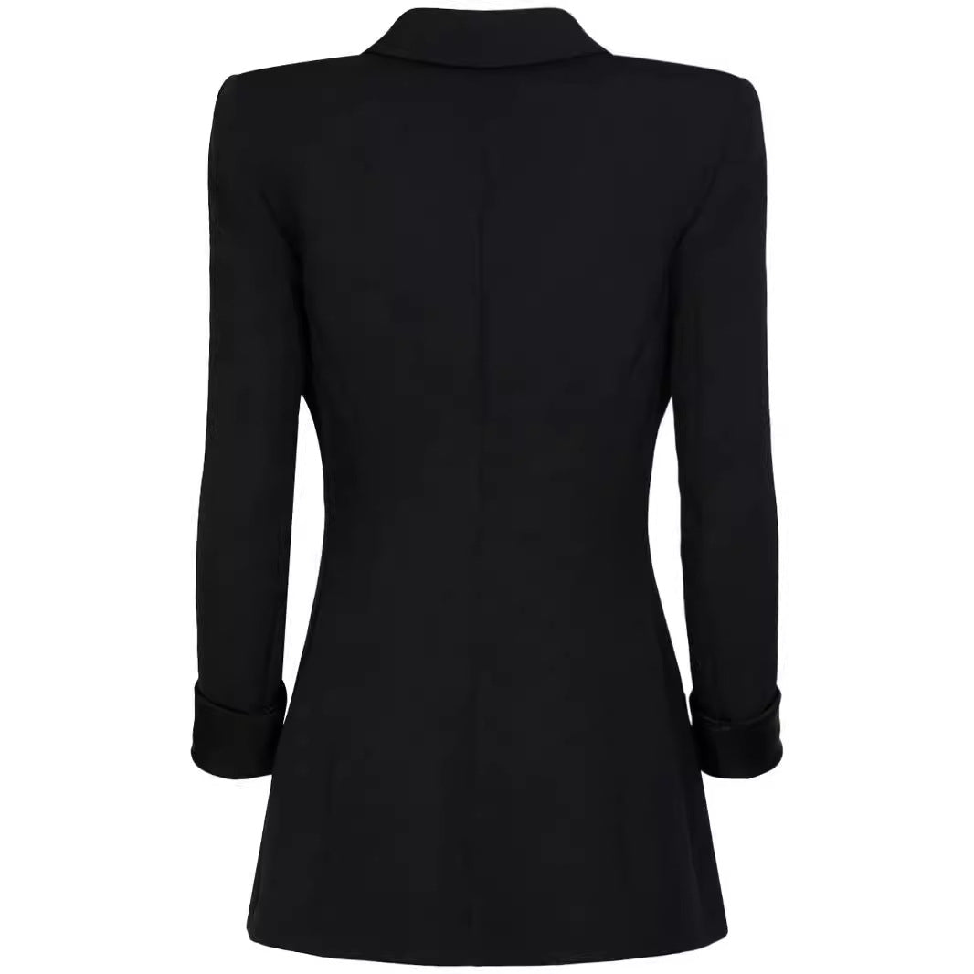 Women's Tailored Tuxedo Blazer with Satin Shawl Collar and Decorative Medallion Buttons Mune Fashion
