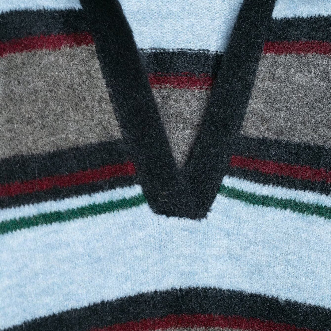 Women's Oversize Striped Sweater with Polo Collar and Deep V-Neck Mune Fashion
