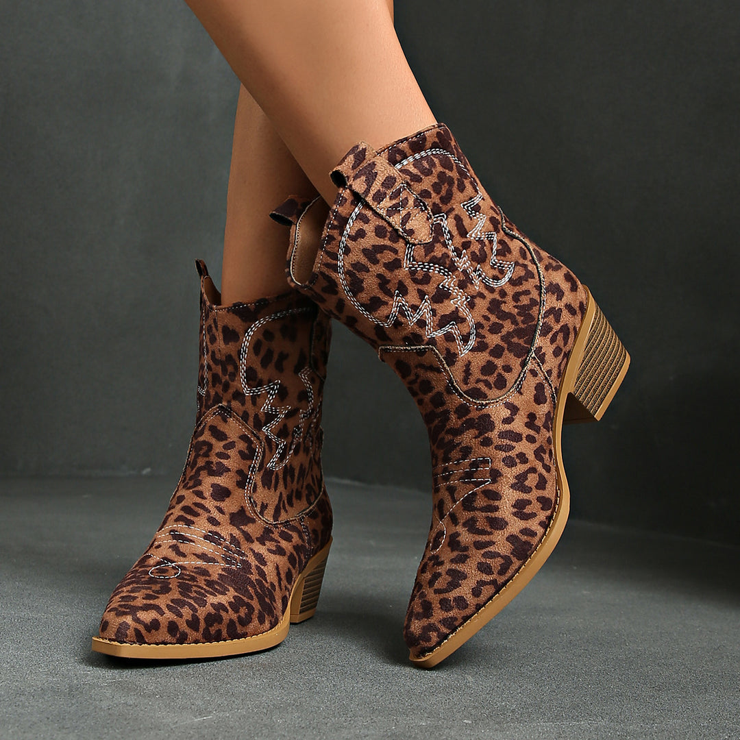 Ladies' short shaft western boot with decorative embroidery, square block heel, and soft suede finish Mune Fashion