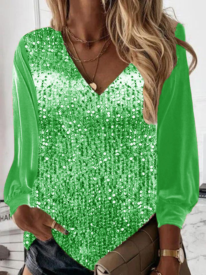 Women's Glittering Sequin V-Neck Blouse with Satin Sleeves Mune Fashion