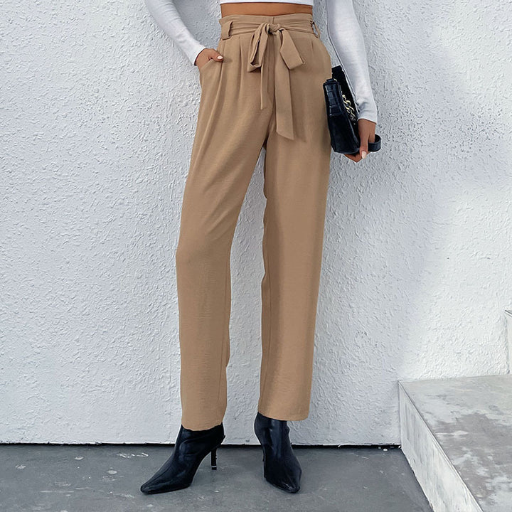 Women High-waisted Pants with Tie Belt Mune Fashion