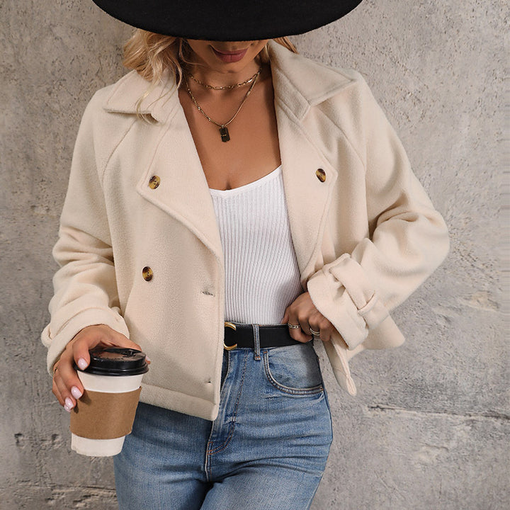 Women's Short Cut Double-Breasted Fleece Jacket with Notched Collar Mune Fashion