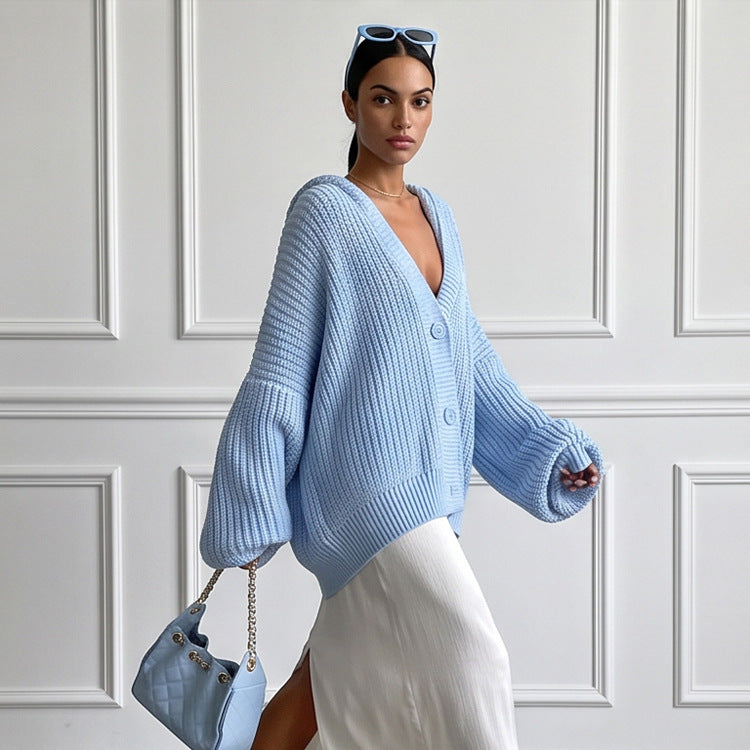 Women's Oversized Hooded Knit Cardigan with Balloon Sleeves and Button Placket Mune Fashion