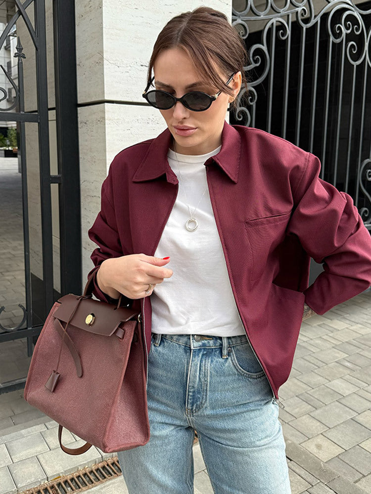Women's lightweight twill transition jacket with shirt collar, concealed zipper, and boxy silhouette Mune Fashion