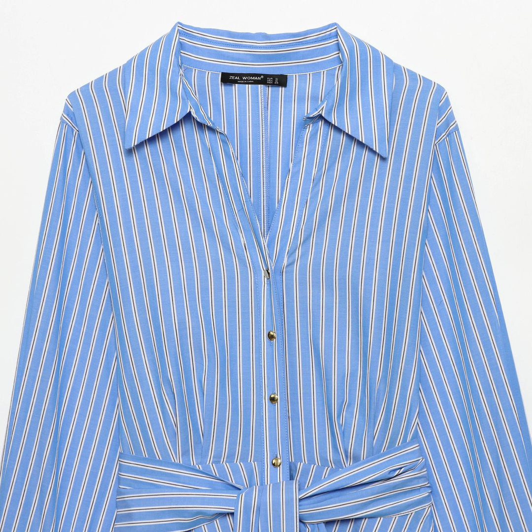 Women's striped shirt dress with tie belt, long cuffs and asymmetrical pointed hem Mune Fashion