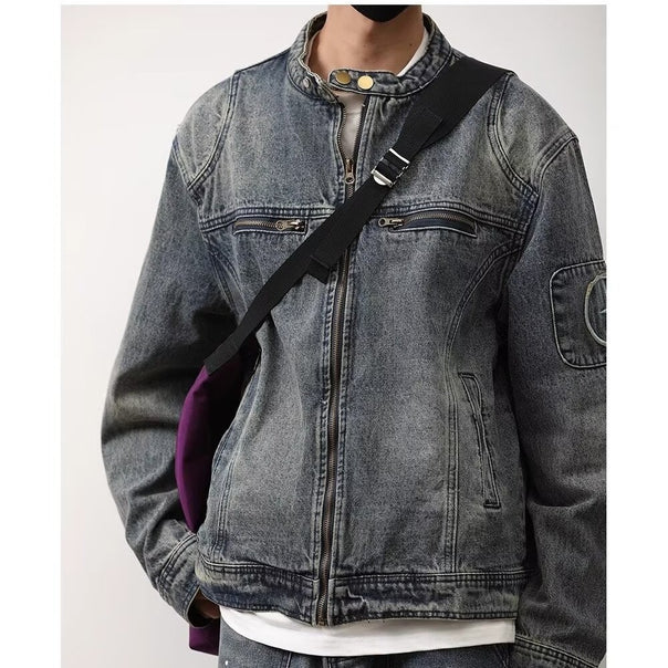 Men's jeans jacket in vintage wash with stand-up collar and zipper Mune Fashion
