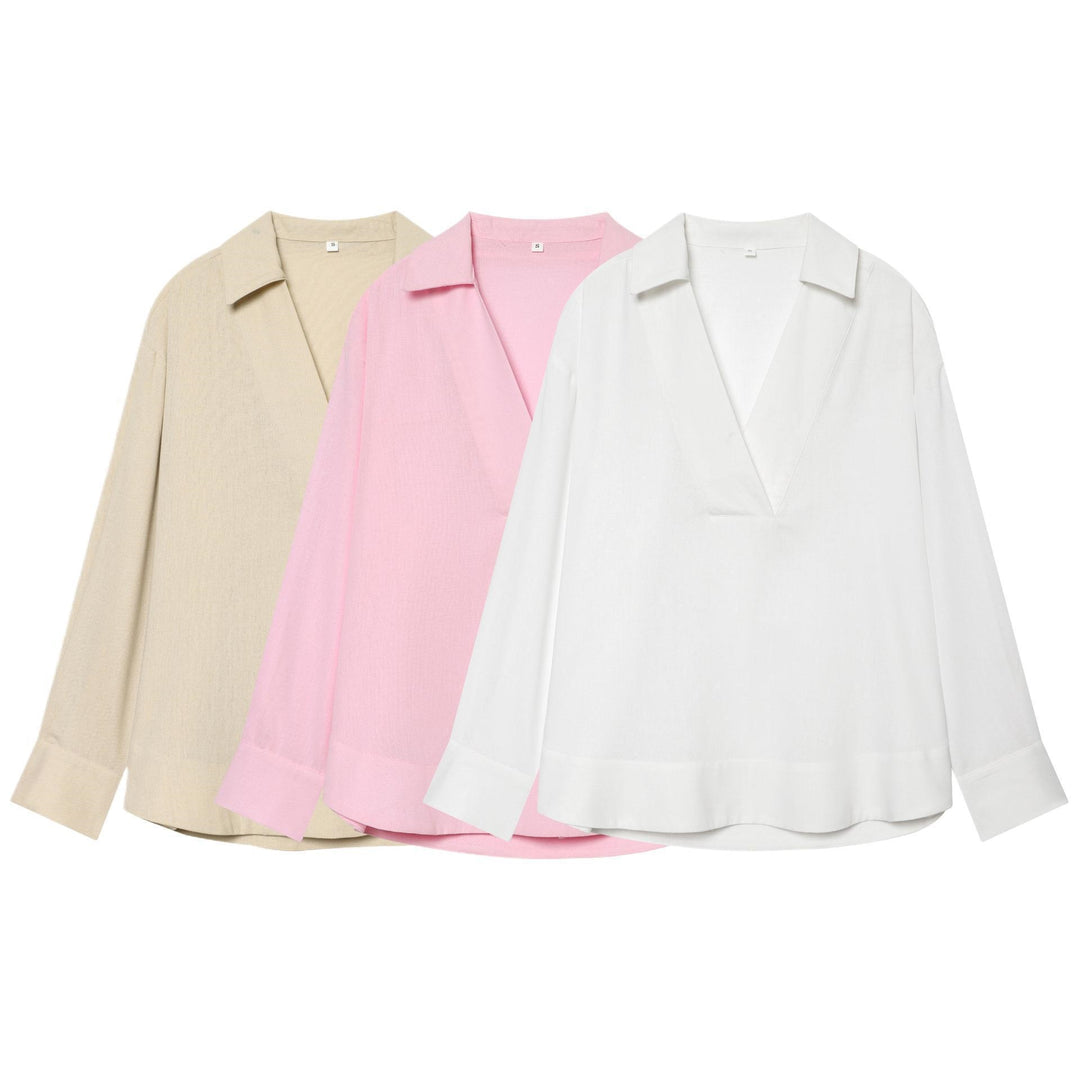 Women's loosely falling linen-look blouse with V-neck, shirt collar, and cuffed sleeves Mune Fashion