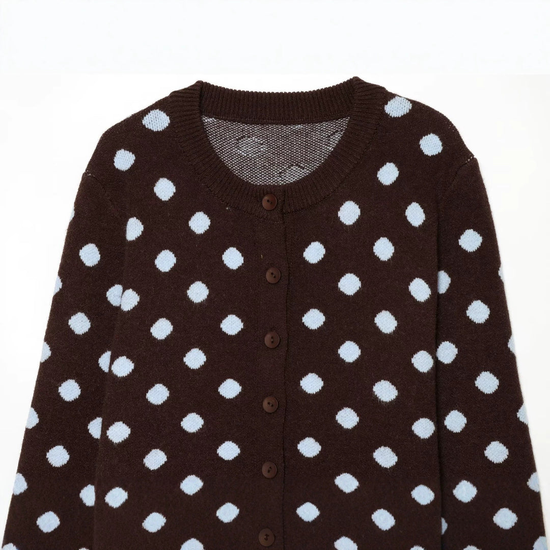 Ladies Polka Dot Short Cardigan with Round Neckline and Button Placket Drune