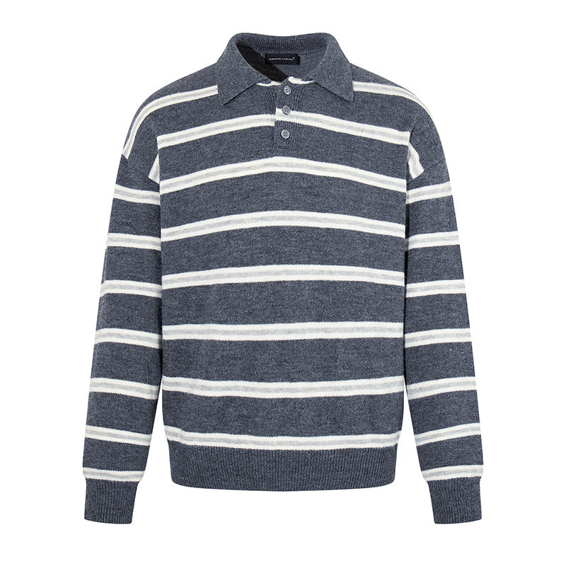 Men's Knit Polo Shirt with Stripe Pattern, Polo Collar and Button Placket Mune Fashion