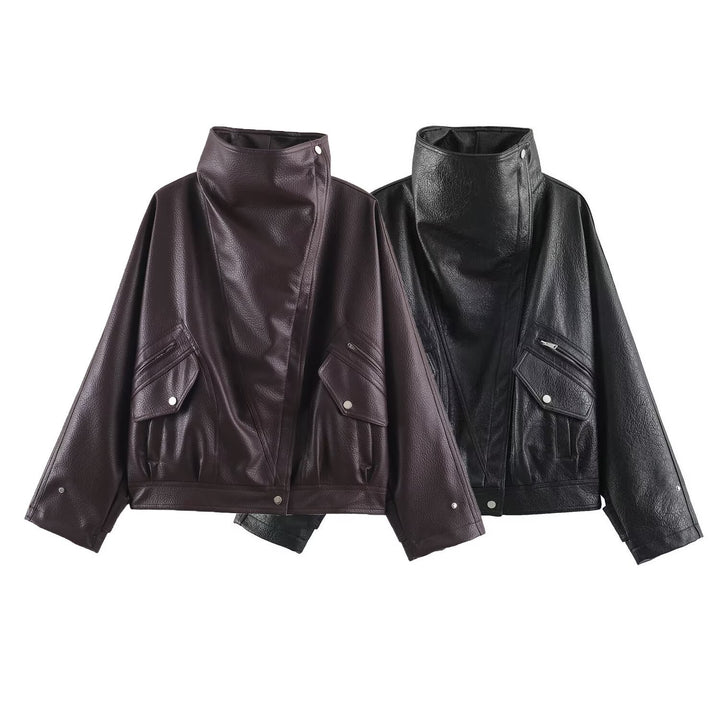 Women's Oversized Faux Leather Cape Jacket with High Standing Collar and Flap Pockets Mune Fashion