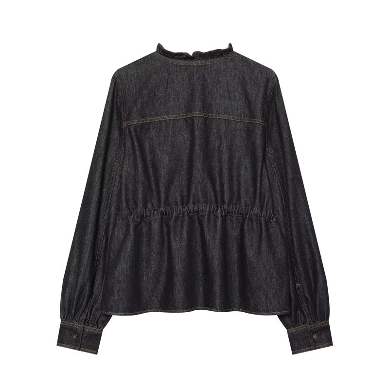 Women's tailored blouse jacket in denim look with ruffle collar and drawstring Mune Fashion