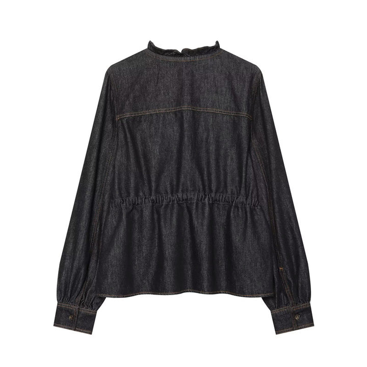 Women's tailored blouse jacket in denim look with ruffle collar and drawstring Mune Fashion