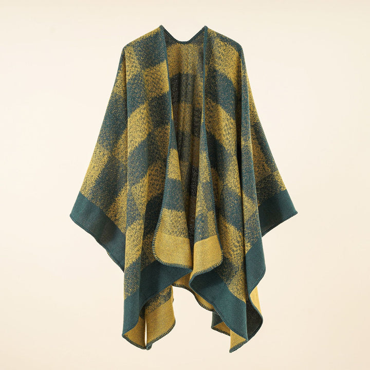 Women Versatile Wool Blend Wrap in Boxy Kimono Cut with Large Plaid Jacquard Detail