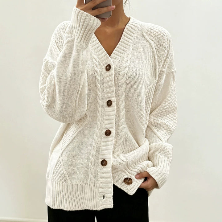 Women's Oversize Knit Cardigan with Cable and Texture Details Mune Fashion