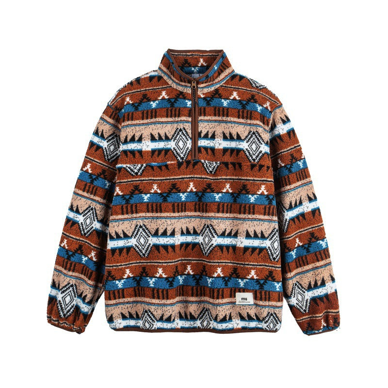 Unisex Fleece Pullover Half Zip with Aztec Pattern and High Stand-Up Collar Mune Fashion