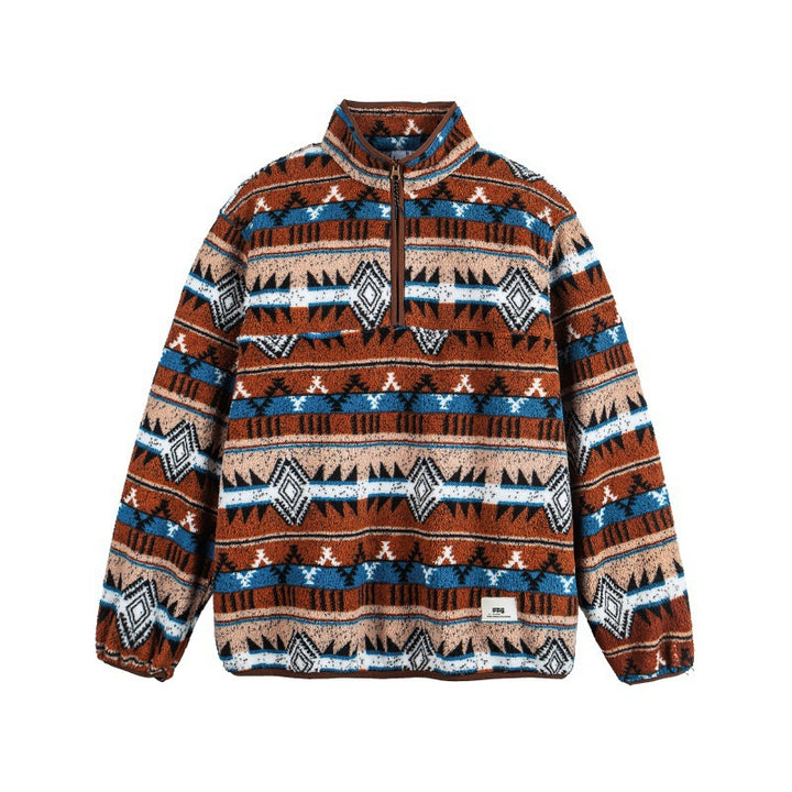 Unisex Fleece Pullover Half Zip with Aztec Pattern and High Stand-Up Collar Mune Fashion