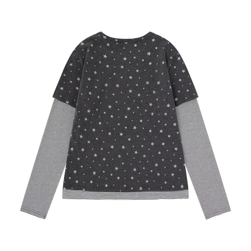 Women's Layered Long Sleeve Shirt with Allover Stars, Striped Insert Sleeves and Comic Bunny Front Print Mune Fashion