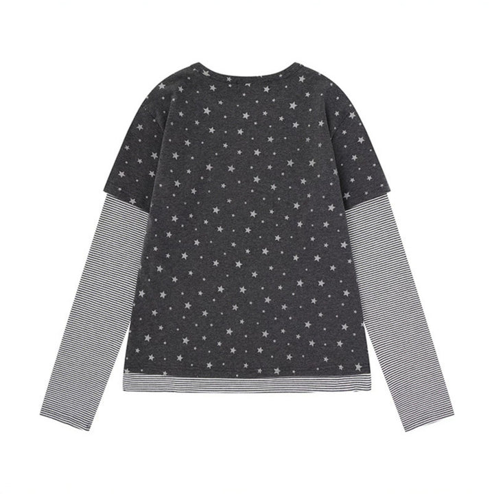 Women's Layered Long Sleeve Shirt with Allover Stars, Striped Insert Sleeves and Comic Bunny Front Print Mune Fashion
