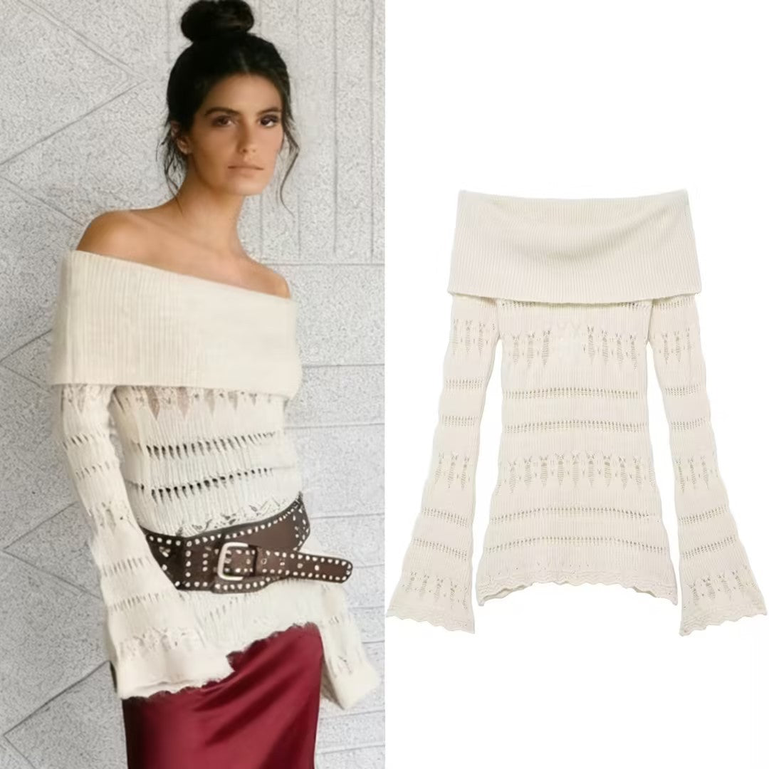 Women's Off-Shoulder Fine Knit Sweater with Folded Roll Neck and Bell Sleeves Mune Fashion