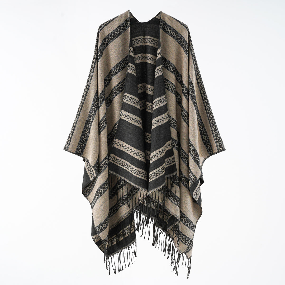 Women's wool blend wrap poncho in jacquard stripe with fringes Mune Fashion