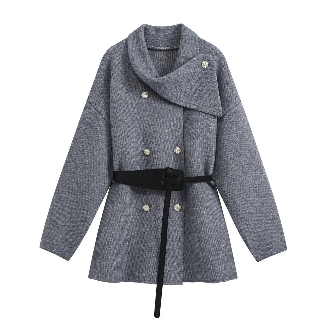 Women's Short Blouson Coat in Cocoon Cut with Asymmetrical Shawl Collar and Waist Belt Mune Fashion